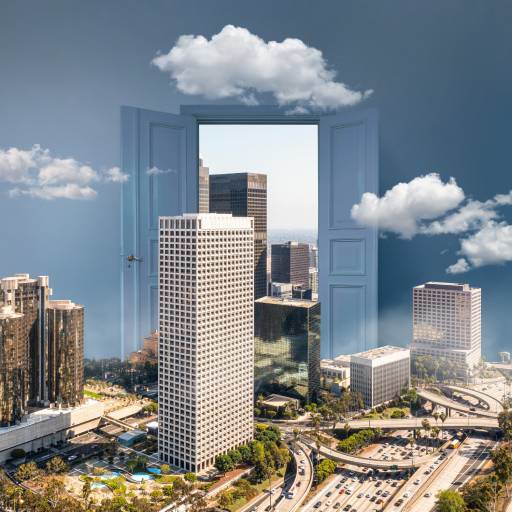 A cityscape with tall buildings merges into a surreal scene where an oversized open window floats in the sky, revealing more skyscrapers and clouds beyond.